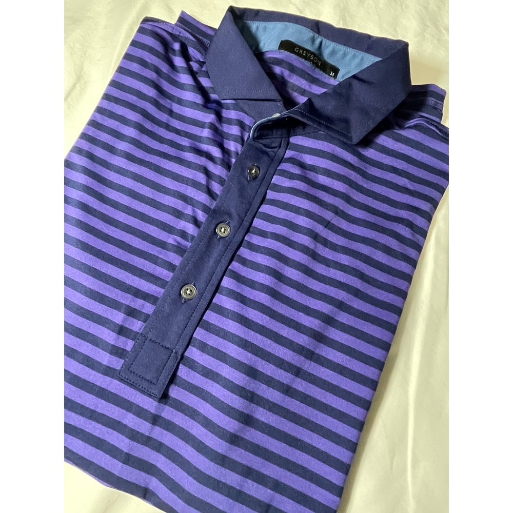 Greyson Mens Striped Polo Shirt Purple Navy Blue Short Sleeve Golf Top Size M